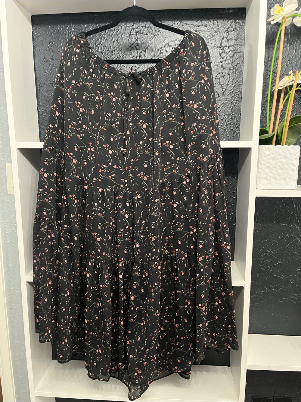 Floral Tiered Peasant Skirt - Black with Pink Floral XXL